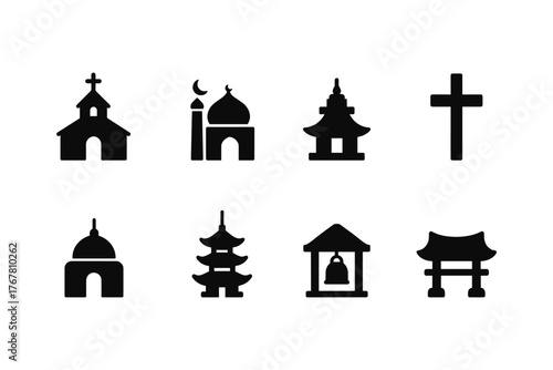 Simple icons of diverse religious buildings and symbols collection