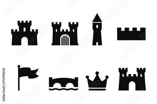 Medieval castle and royal symbols set in simple black silhouette style