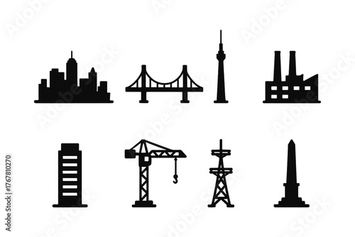 Urban silhouette collection featuring cityscapes and industrial landmarks