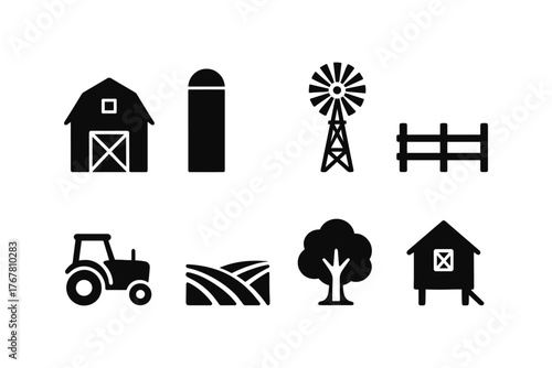 Farm icons set: barn, windmill, tractor, and more in flat style