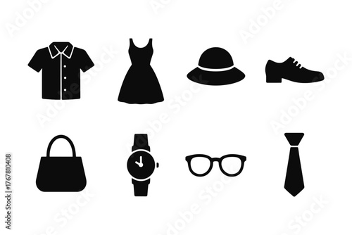 Fashion icons set: clothing and accessories in minimal black silhouette style