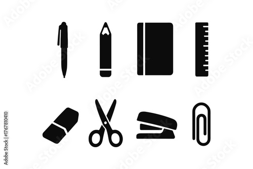 Set of office supplies icons: pen, pencil, notebook, and more in black silhouettes
