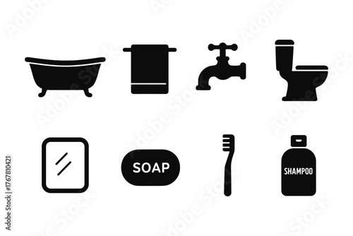 Bathroom essentials silhouette icons: bathtub, towel, faucet, toilet, mirror, soap, toothbrush, shampoo