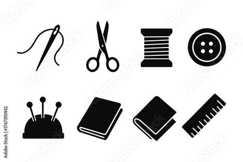Sewing essentials collection: icon set featuring needles, scissors, threads, and more