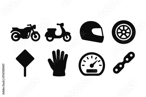 Silhouette icons of motorcycle gear and accessories for riding enthusiasts