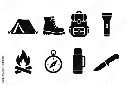 Camping essentials icons: adventure tools in bold silhouette style