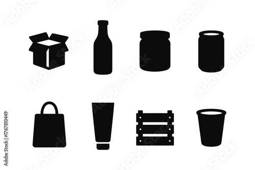 Silhouette icons of packaging: box, bottle, jar, bag, and pallet designs