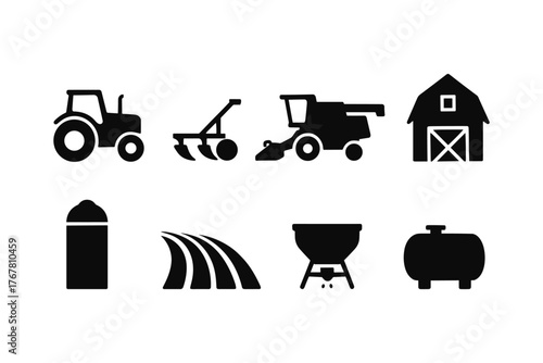 Agricultural equipment and structures silhouette set for farming and harvesting