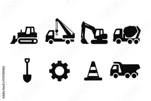 Construction machinery and tools silhouette icons set