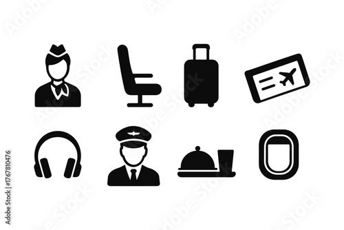 Silhouette icons of travel essentials: luggage, tickets, headphones, cabin crew, plane window