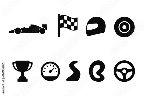 Racing icons set: silhouette car, helmet, trophy, and track elements