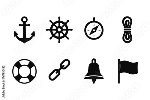 Nautical icons set: anchor, helm, compass, and marine symbols