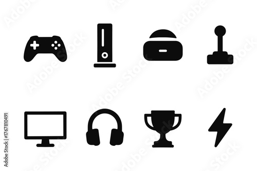 Silhouette gaming icons set: controllers, headset, console, and trophy
