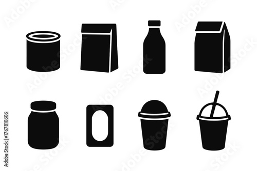 Silhouette icons of beverage and food containers in simplistic design