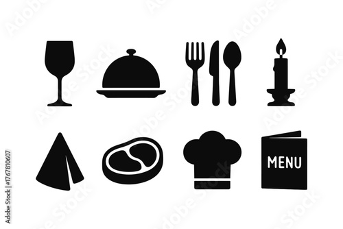 Silhouette icons of restaurant essentials: wine, dining, and culinary symbols