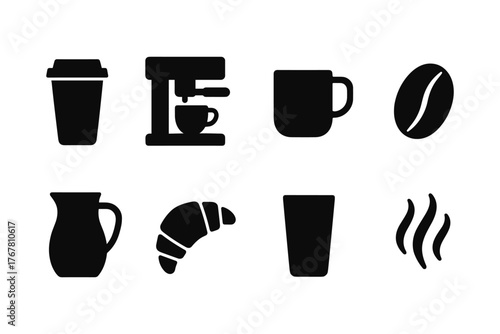 Silhouette icons of coffee essentials: cups, beans, and more