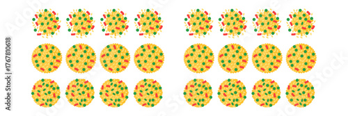 Mini pizza pattern border, repeating snack circles, top view toppings, seamless divider element, cafe menu graphic, vector