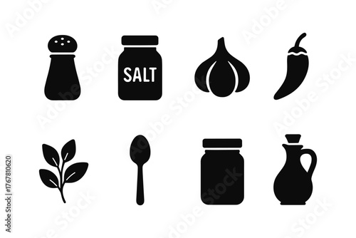 Culinary kitchen essentials: black silhouettes of spices, utensils, and containers