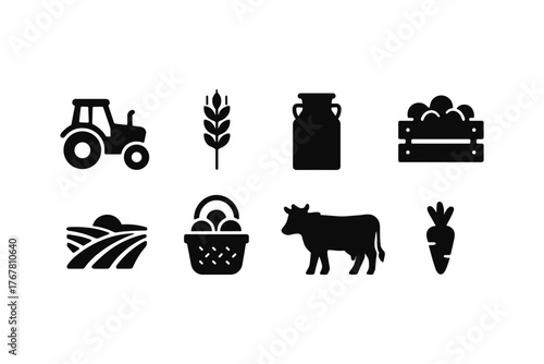Silhouette icons of farming and agriculture: tractor, crop, milk, harvest