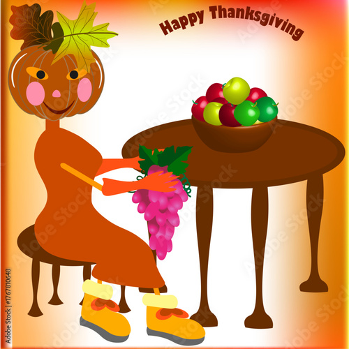 Thanksgiving. Abstract. A pumpkin in a dress and gloves sits on a chair and holds a bunch of grapes.