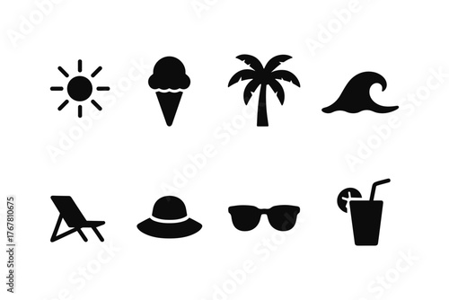 Minimalist summer icons: palm, sun, and beach essentials silhouettes