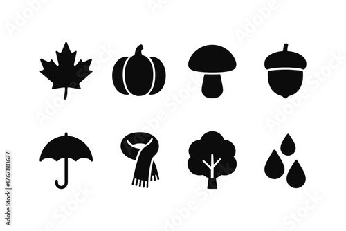 Autumn icons set: leaf, pumpkin, mushroom, acorn, umbrella, scarf, tree, raindrops
