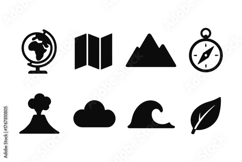 Adventure and nature icons set featuring globe, map, mountain, compass, and more