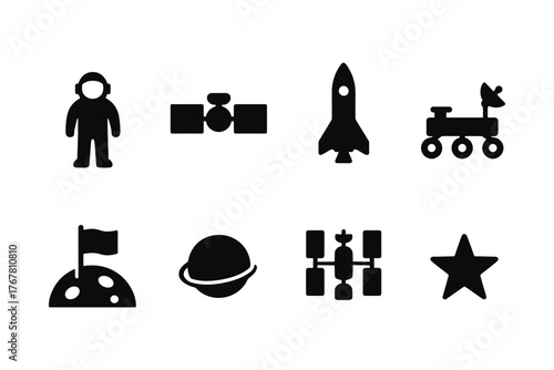 Silhouette space icons: astronaut, satellite, rocket, rover, moon, planet, star