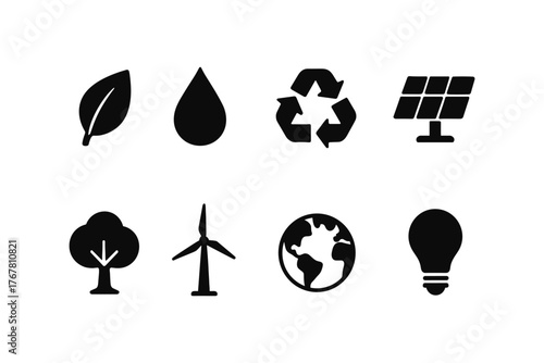 Eco-friendly energy and sustainability icons: silhouette set for renewable resources