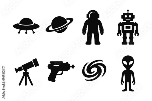 Silhouette icons of space exploration: ufos, robots, telescopes, and aliens