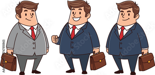 Cartoon businessmen in suits holding briefcases, professional poses, corporate attire, confident expressions, office character design, business vector illustration