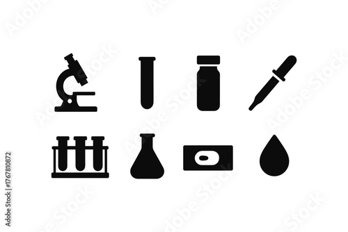 Laboratory equipment icons: microscope, test tubes, flask, dropper for science and research