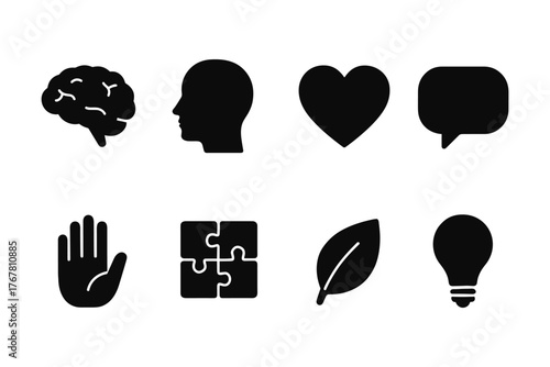 Minimalist icon set: brain, heart, leaf, and more in silhouette style