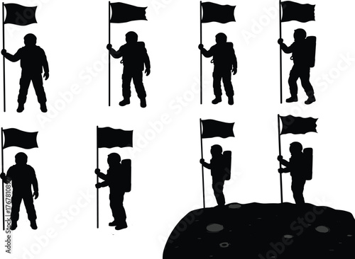 Astronaut silhouettes, space exploration, flag celebration, lunar mission, planetary surface, cosmic adventure, astronaut figures, discovery concept, vector sketch, science design