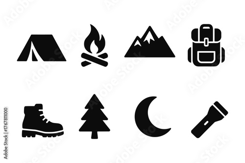 Camping adventure icons: essentials for outdoor exploration in black silhouette