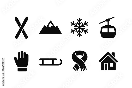 Winter sport icons: ski, snowflake, mountain, gondola, glove, sled, scarf, chalet