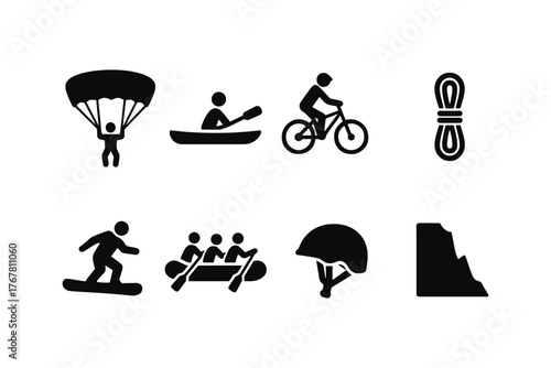 Adventure and outdoor activity icons: parachuting, kayaking, cycling, and more