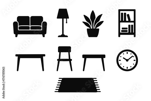 Modern minimalist home furnishing icons: stylish silhouette set for interior design
