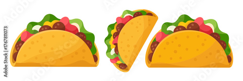 Taco icons set, folded tortillas with meat and lettuce, spicy fillings, street food collection, vector clipart