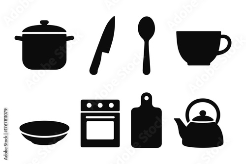 Silhouette kitchen utensils set: knife, spoon, cup, kettle, cutting board, stove