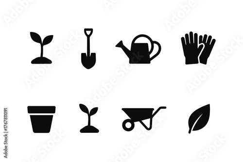 Gardening icon set: silhouette seedlings and tools for home gardening needs