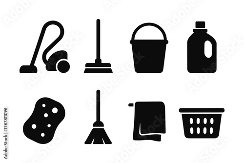 Essential cleaning tools silhouette set for home maintenance tasks