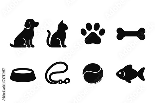 Pet icons: silhouette symbols of dog, cat, fish, and accessories