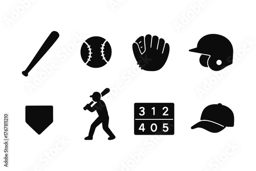 Baseball icons set: bats, ball, glove, helmet, and more in silhouette style