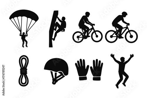 Adventure sports silhouettes: cycling, climbing, parachuting, and jumping icons