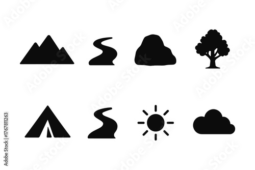 Silhouette camping icons: mountains, trails, nature, adventure symbols