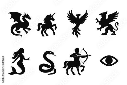 Mythical creature silhouettes: dragon, unicorn, phoenix, and more in bold black design