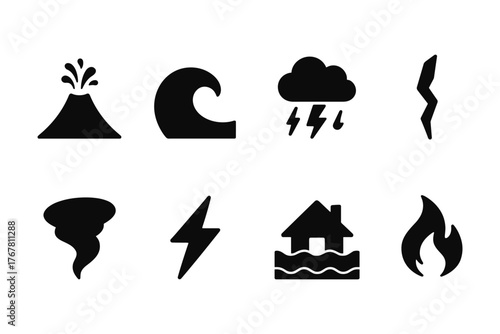 Natural disaster icons: silhouette symbols of earthquakes, storms, and more