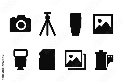 Photography equipment icons: camera lens tripod flash and more