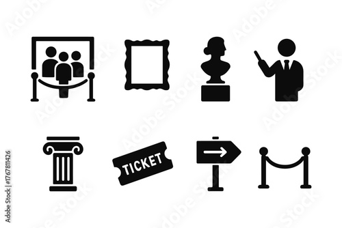Museum icon set featuring artifacts and guided tour elements in silhouette style